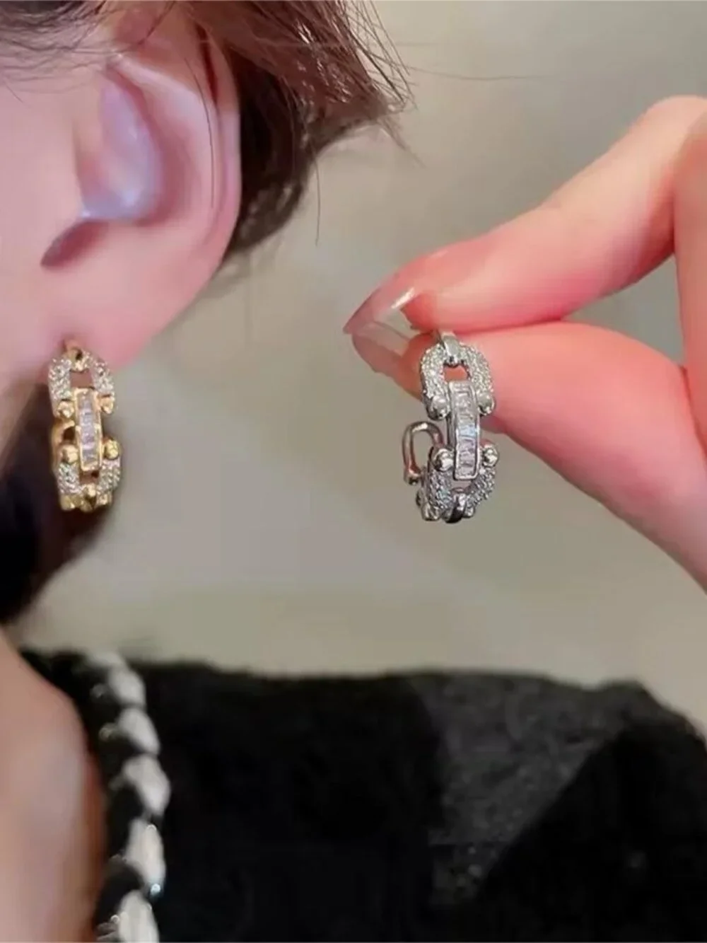 Gold Crystal Link Huggie Earrings